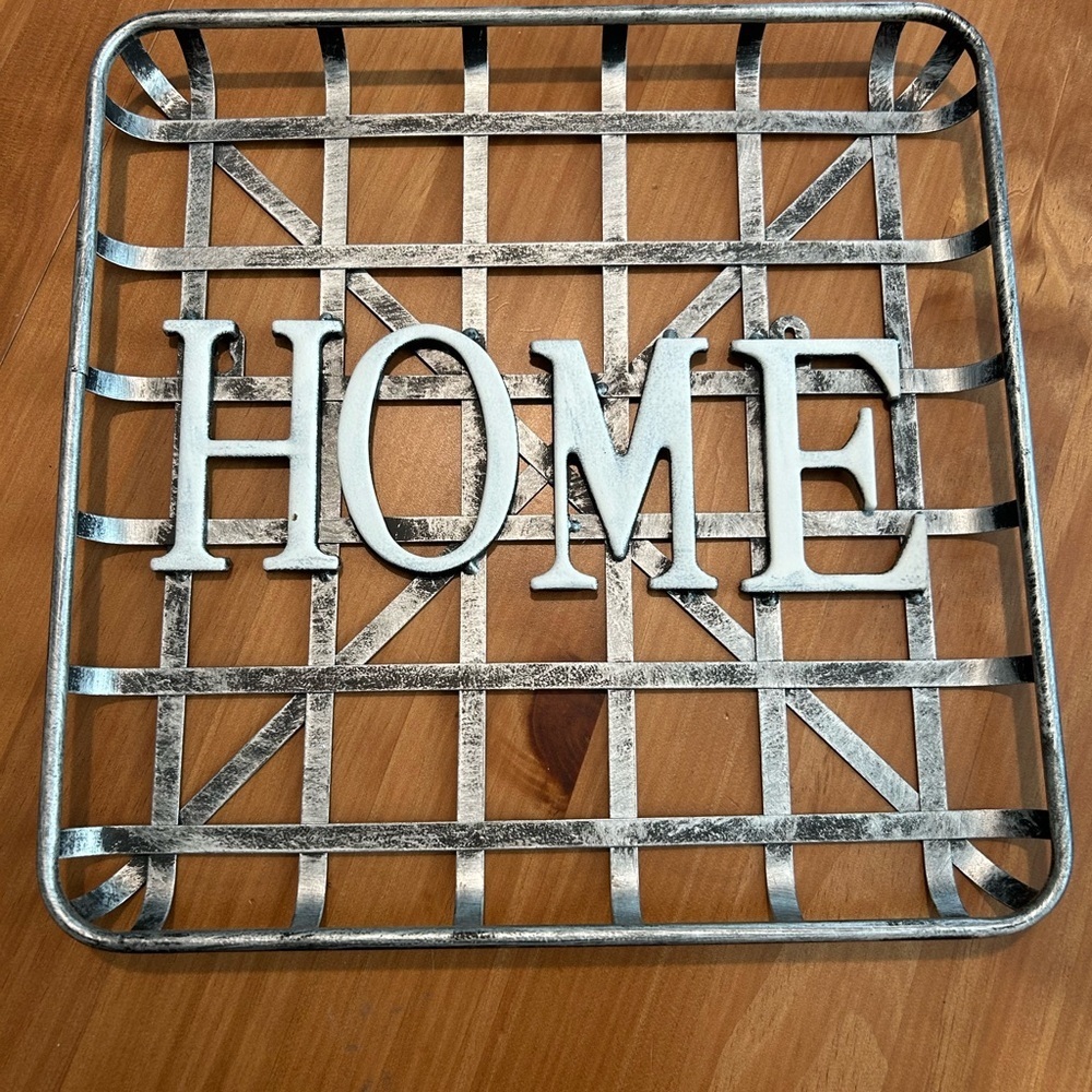 Metal “Home” sign white wording. Farmhouse style.